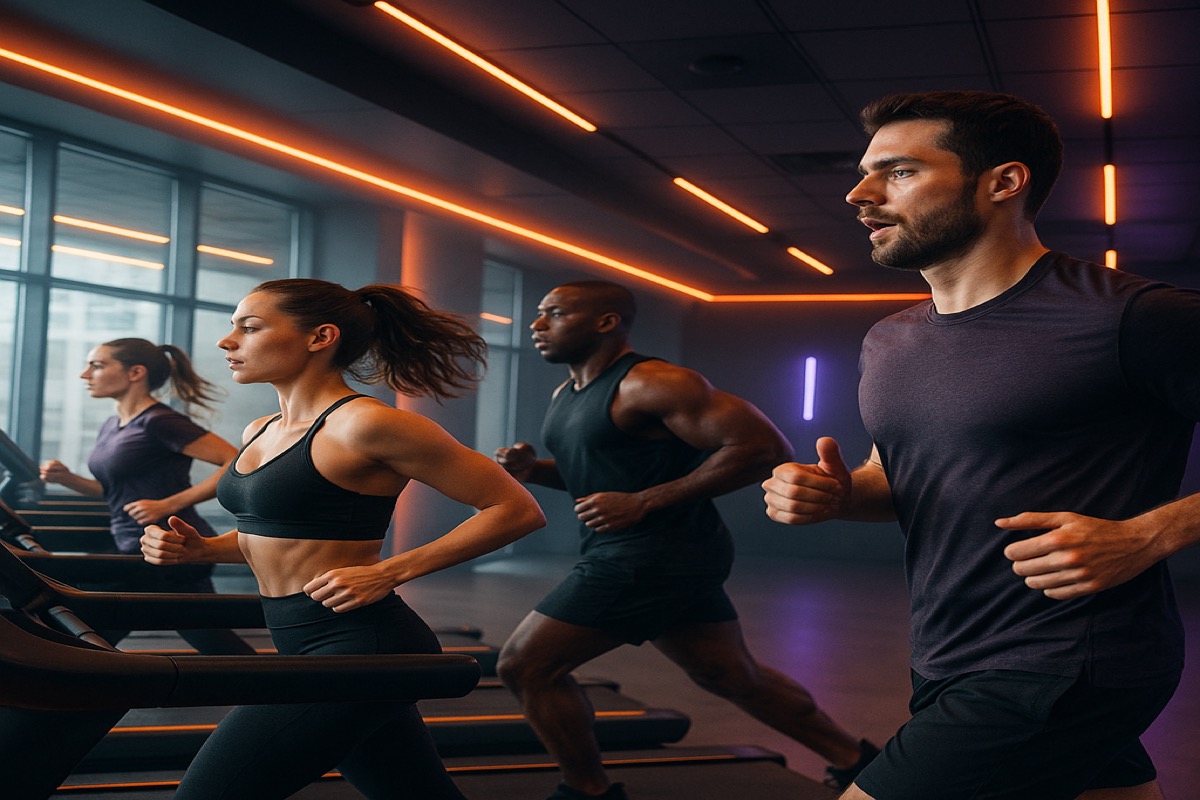 Member running intervals on a treadmill with pacing guidance